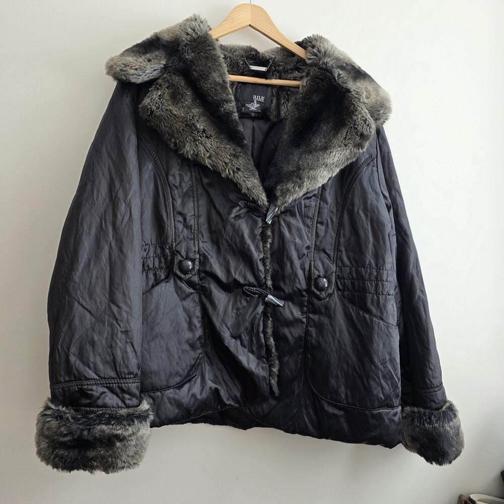 a.n.a ANA Metallic Black Satin Coat Jacket Faux Fur Collar Cuffs Womens 1X Glam‎